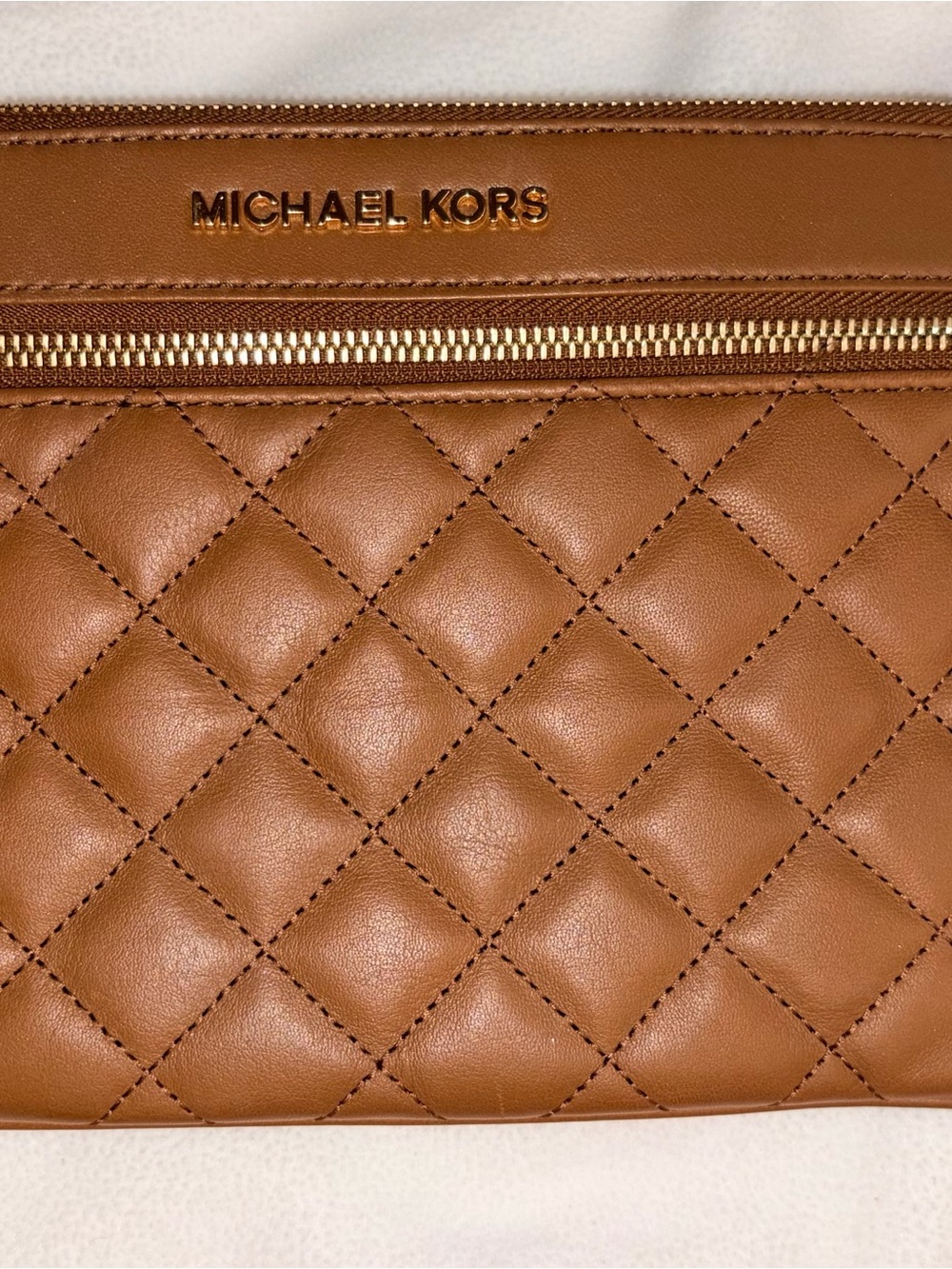 Michael Kors Caramel Quilted Leather Wristlet with Gold Hardware